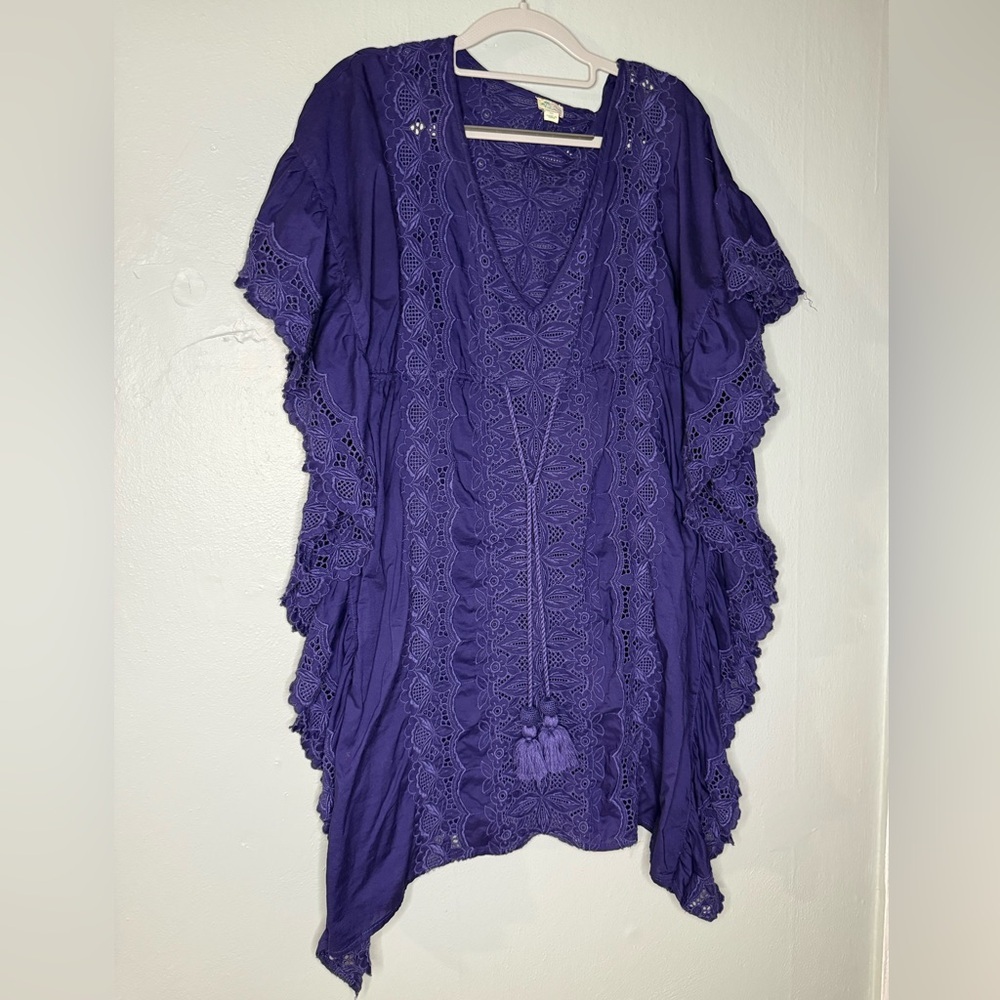 J Crew Original Beach Swim Ruffle Tassels Tunic Cover Up Small Eyelet Purple‎